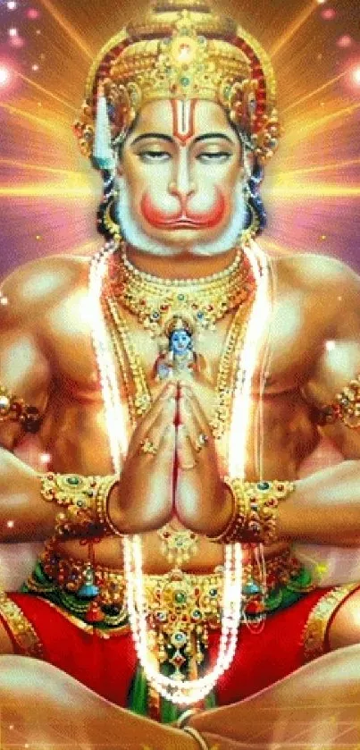 Vibrant Hanuman in meditation with colorful aura and divine jewelry.