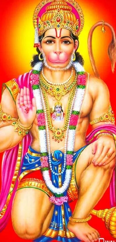 Colorful Hanuman mobile wallpaper with vibrant red background.