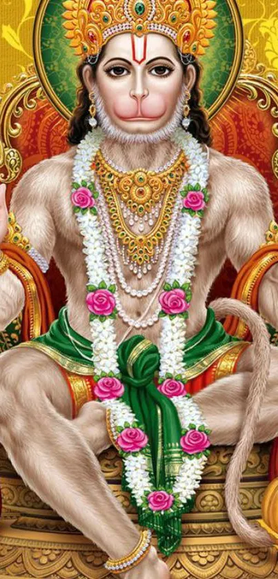 Vibrant image of Hanuman deity with gold and green accents.