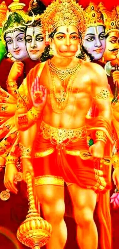 Vibrant artistic Hanuman mobile wallpaper in red and gold hues.