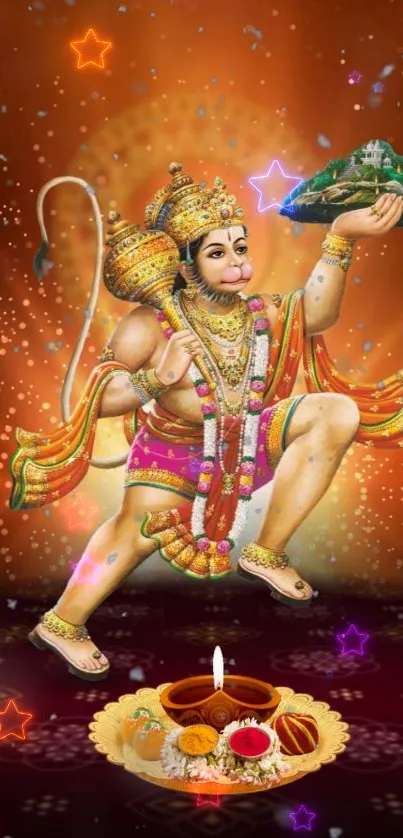 Vibrant Hanuman wallpaper with colorful background and starry effects.