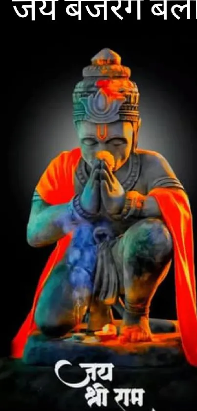 Colorful Hanuman statue in vibrant hues.