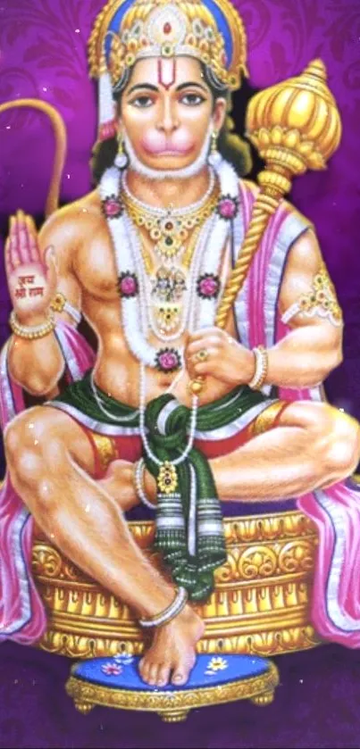 Vibrant image of Lord Hanuman seated on a golden throne with purple background.