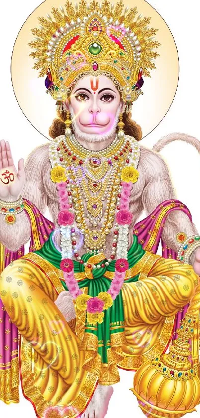 Illustration of Hanuman with golden attire and vibrant colors.