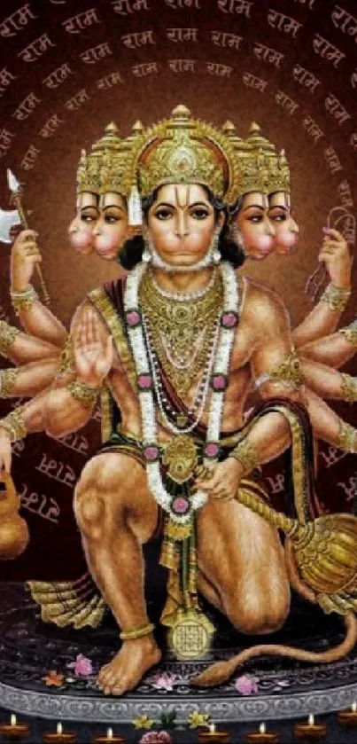 Multi-armed Hanuman in vibrant Indian art style on a brown background.