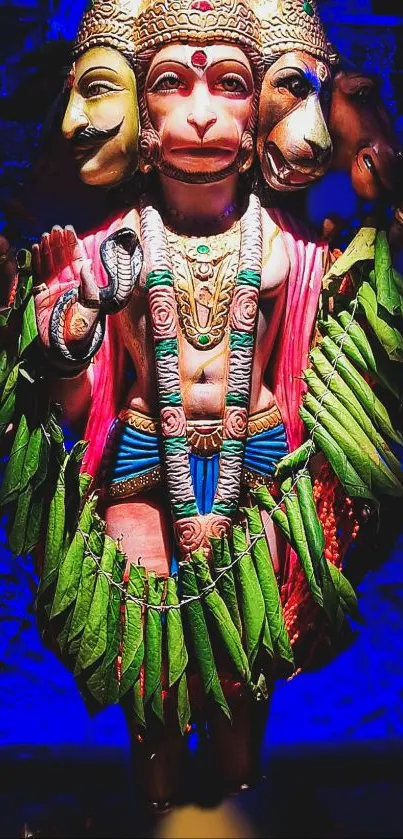 Vibrant multi-headed Hanuman art with blue backdrop and colorful attire.