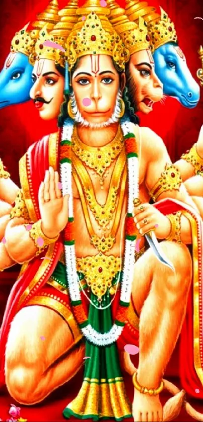 Vibrant artwork of Lord Hanuman with multiple faces on a red background.