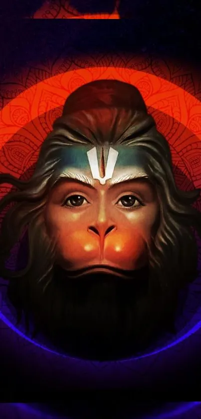 Hanuman mural in red and blue wallpaper for mobile.