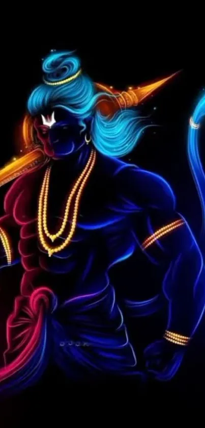 Neon Hanuman art with vibrant colors and glowing elements.