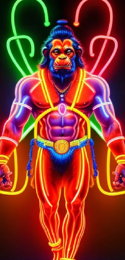 Vibrant neon Hanuman art with glowing colors.