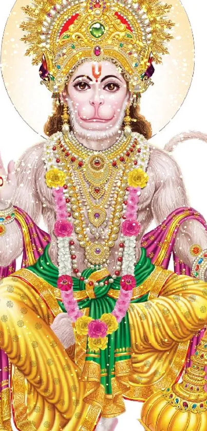 Colorful Hanuman wallpaper with golden details and vibrant attire.