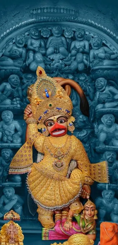 Vibrant Hanuman statue with intricate details and teal background.