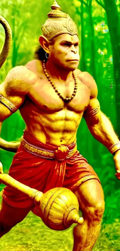 Powerful depiction of Hanuman in lush forest.
