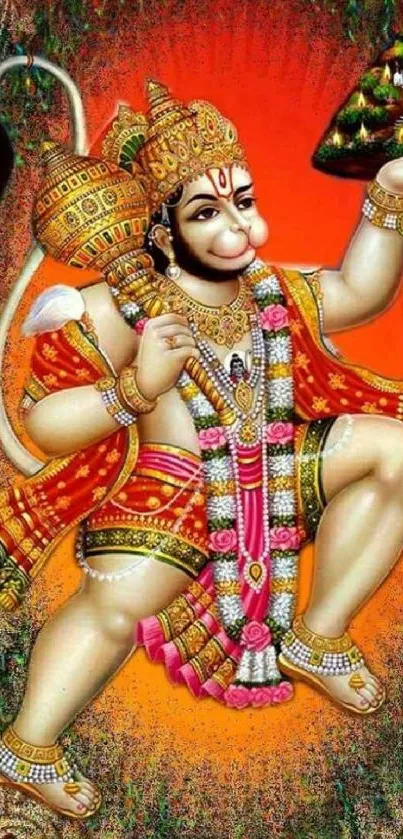 Hanuman mobile wallpaper with vibrant orange background and intricate details