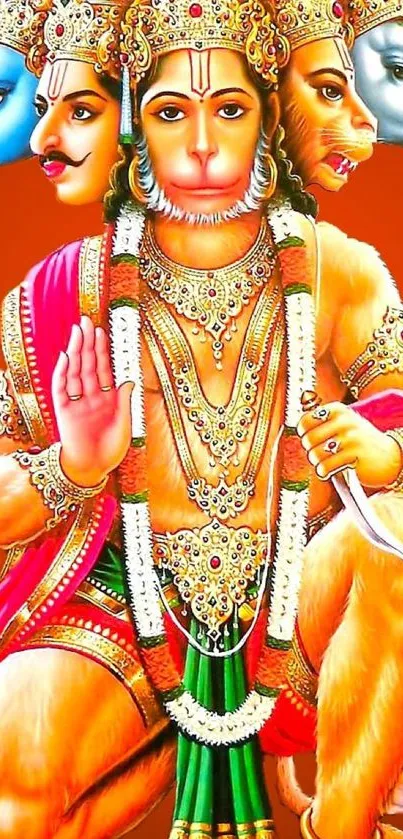 Vibrant five-faced Hanuman artwork wallpaper with rich colors.