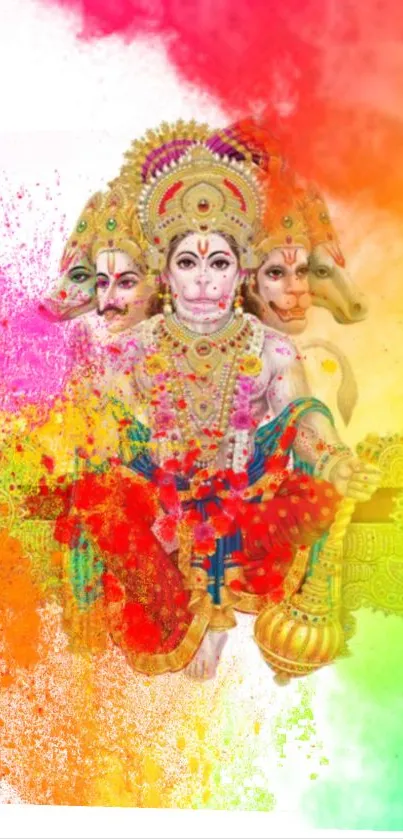 Vibrant Hanumanji artwork with colorful splashes, perfect for mobile wallpaper.