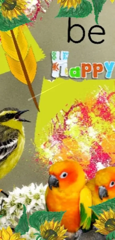 Vibrant phone wallpaper with colorful birds and sunflowers showcasing happiness.