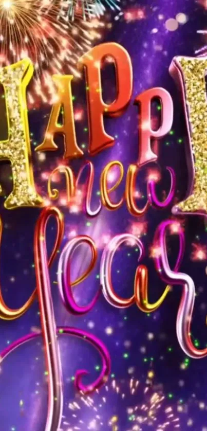 Colorful 'Happy New Year' text with fireworks background.