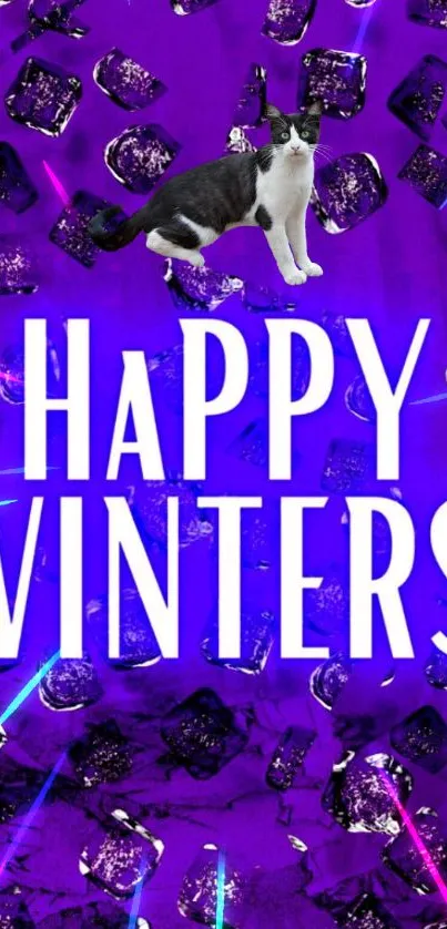 Vibrant wallpaper with 'Happy Winters' text and cat on a purple background.