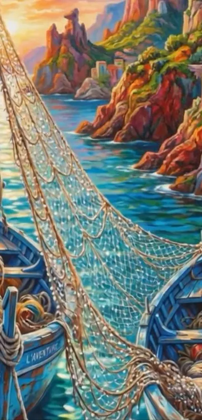 Vibrant harbor art with colorful boats and coastal scenery.