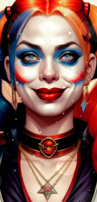 Colorful Harley Quinn artwork with vibrant red and blue tones.