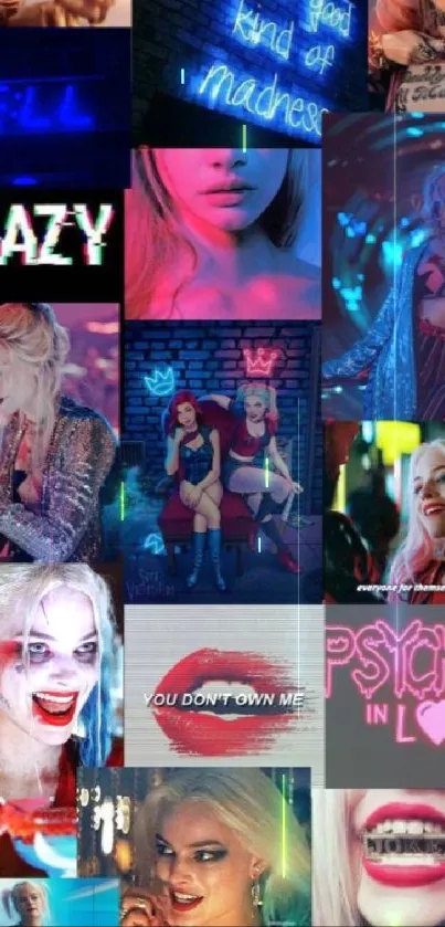 Harley Quinn collage wallpaper with vibrant colors and iconic quotes.