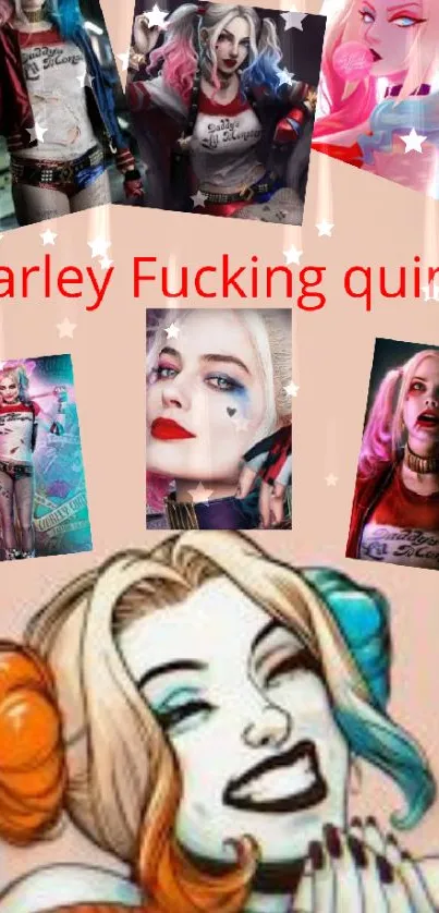 Vibrant collage wallpaper featuring Harley Quinn.