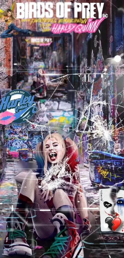 Harley Quinn vibrant graffiti wallpaper with urban art style.