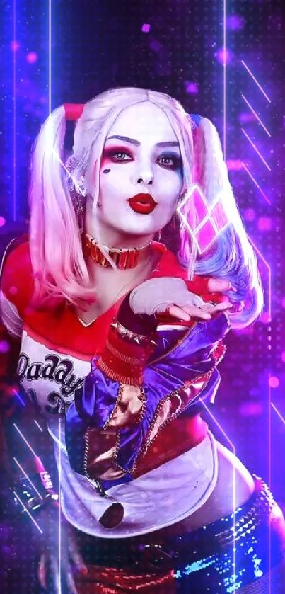 Vibrant Harley Quinn wallpaper with a purple and colorful design.