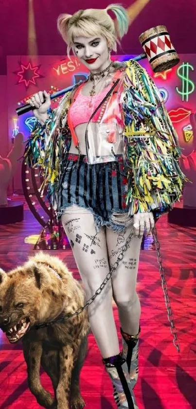 Harley Quinn stands vibrant with a hyena in neon-lit room.