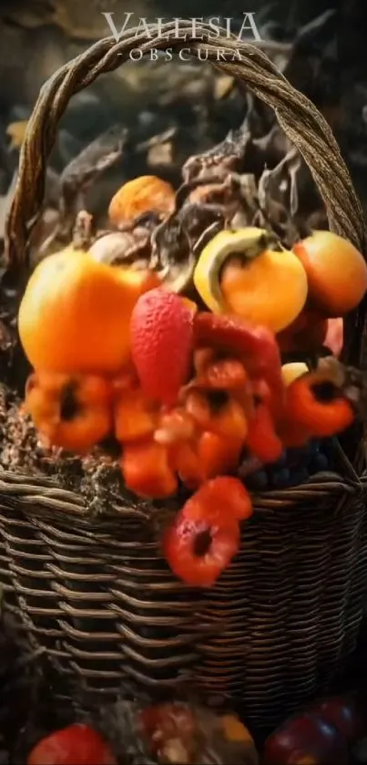 A rustic basket filled with vibrant fruits and vegetables.