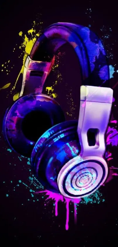 Colorful headphone art with neon splashes on a black background.