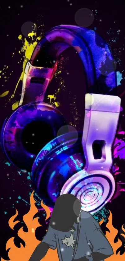 Colorful headphones with neon splash on a dark background wallpaper.