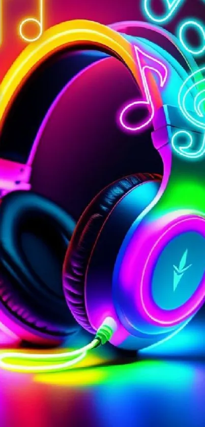 Neon headphones with colorful music notes and vibrant lighting effects.