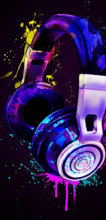 Vibrant headphone with colorful splash art on a dark background.