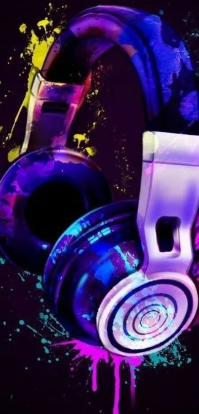 Vibrant neon headphones art with colorful splashes on a black background.