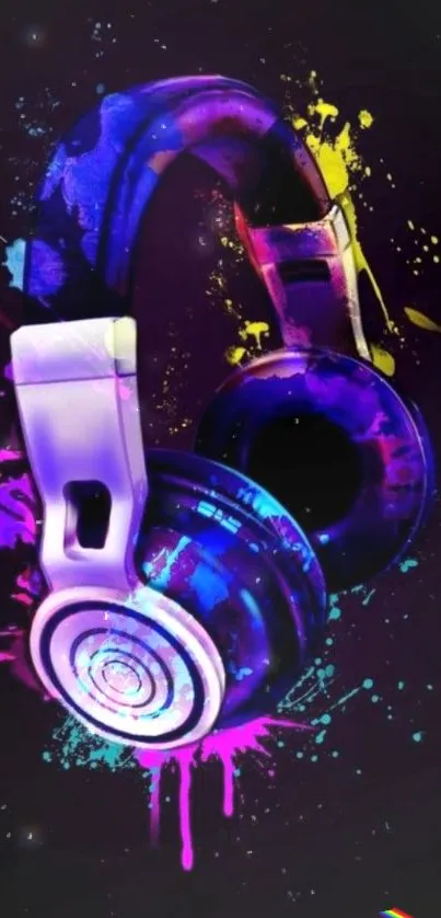 Colorful headphones with purple splashes on dark background artwork.