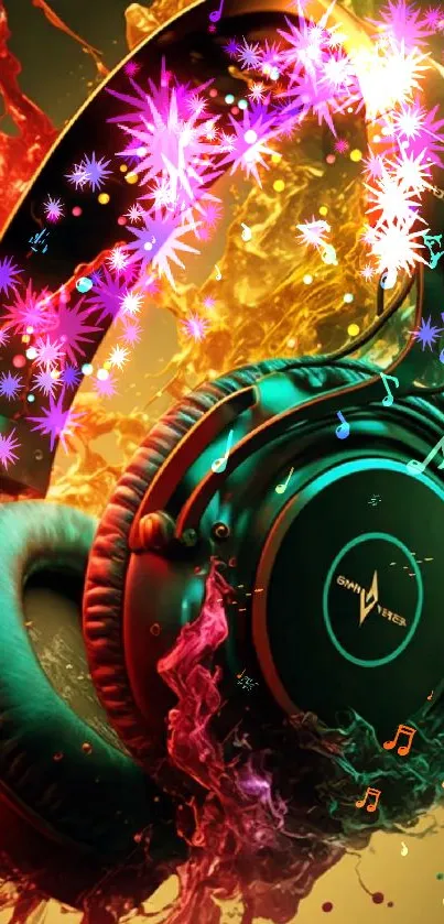 Vibrant headphones with colorful paint splash on a striking wallpaper design.