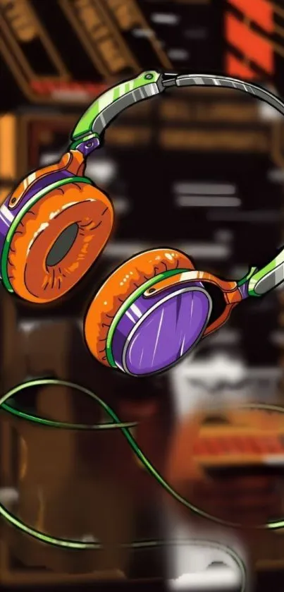 Vibrant headphones with abstract background in orange and purple tones.