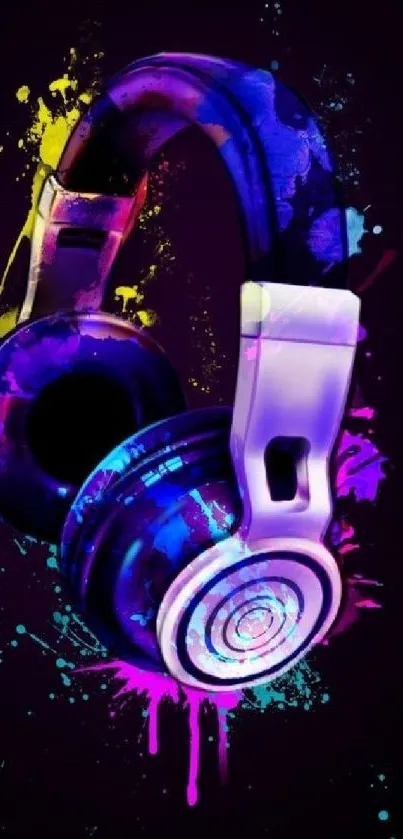 Vibrant headphones with neon splashes on a dark background.