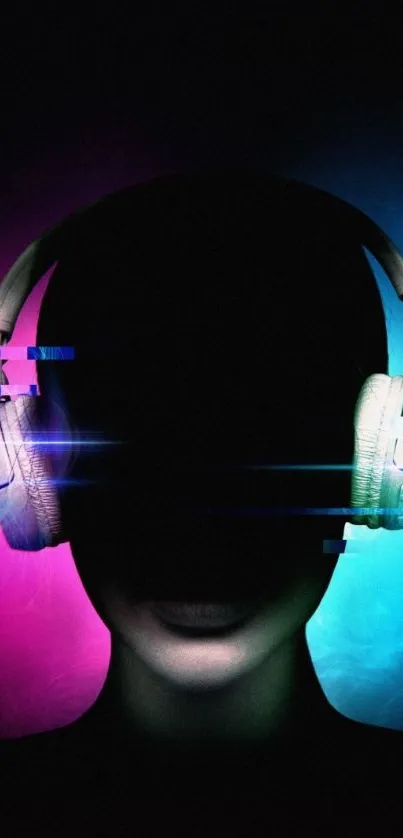 Silhouette with neon headphones in vibrant digital art style.