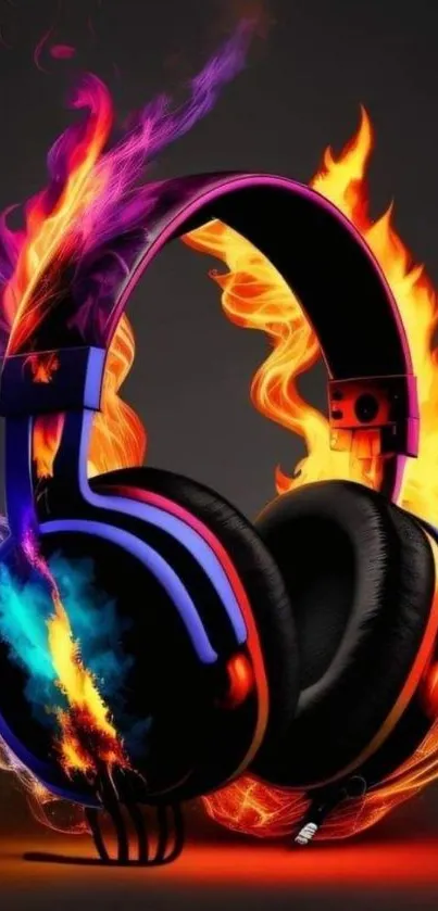 Colorful headphones with vibrant flames on mobile wallpaper.