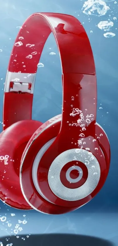 Red headphones submerged in water, artistic mobile wallpaper display.