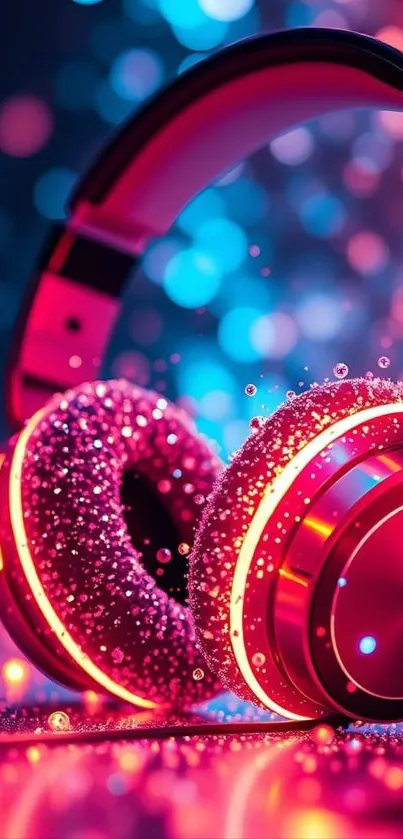 Vibrant headphones with colorful bokeh light background.
