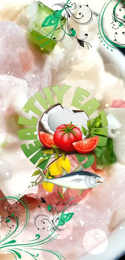Vibrant healthy eating theme with vegetables and fish features.