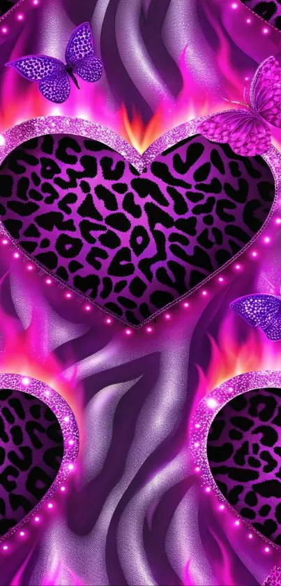 Vibrant purple heart and butterfly wallpaper with leopard print.
