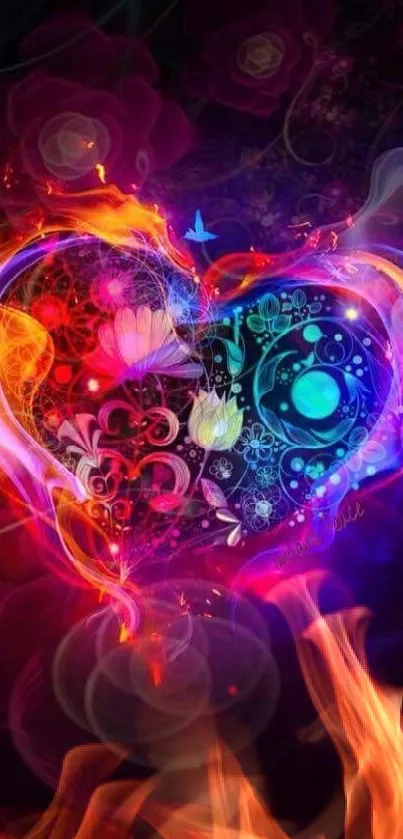 Vibrant abstract heart with neon colors and floral patterns.