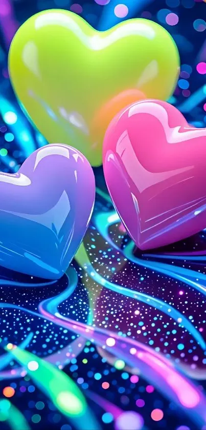 Vibrant colorful heart shapes on abstract background.