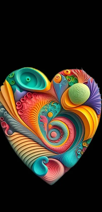 Colorful heart-shaped abstract art with vibrant swirls on black background.