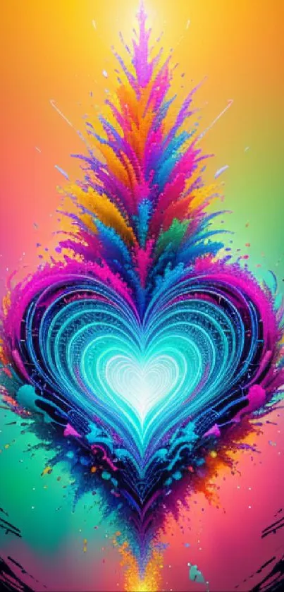 Vibrant heart-shaped abstract art in colorful explosion on a mobile wallpaper.